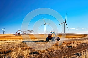 Autumn landscape. The work of the tractor on the background of windmills.