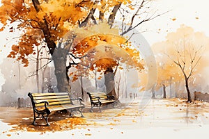 Autumn landscape with yellow trees and bench in the park. Watercolor painting. Generative AI Generative AI