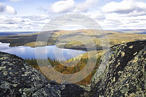 Autumn Landscapes overlooking the lake Kaskama. Kola Peninsula, Arctic Circle, Russia