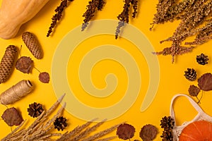 Autumn layout of dry leaves, pumpkin, cones and dried flowers on a yellow background with place for text. Flat lay, top view.