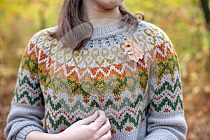 Autumn leaf brooch on a sweater