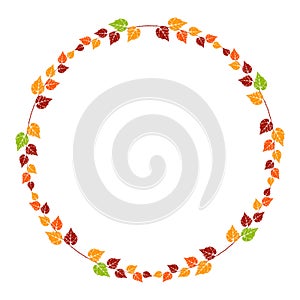 Autumn leaf circle frame. Leaves stamp print round decor. Grunge folage imprints