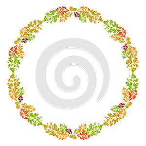 Autumn leaf circle frame. Leaves stamp print round decor. Grunge folage imprints photo
