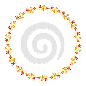 Autumn leaf circle frame. Leaves stamp print round decor. Grunge folage imprints photo