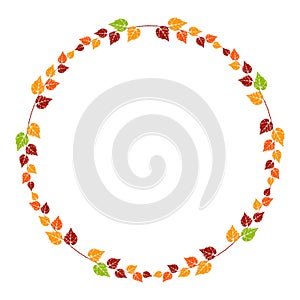 Autumn leaf circle frame. Leaves stamp print round decor. Grunge folage imprints photo