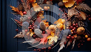 Autumn leaf decoration on wood, nature colorful celebration generated by AI