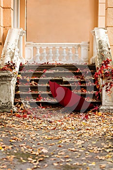 Autumn leaf fall. Red and yellow leaves on the destroyed old stone steps burgundy (marsala color) umbrella.
