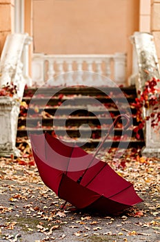 Autumn leaf fall. Red and yellow leaves on the destroyed old stone steps burgundy marsala color umbrella