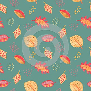 Autumn leaf floral seamless pattern. Yellow red leaf on dusty blue background. Fall leaf crayon handdrawn illustration