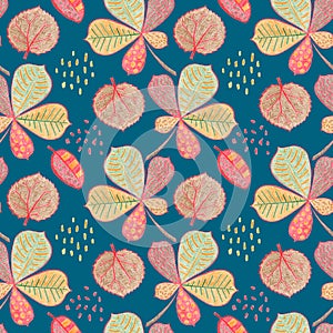 Autumn leaf floral seamless pattern. Yellow red leaves on navy blue background. Fall leaf crayon handdrawn illustration