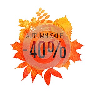 Autumn leaf foliage watercolor. Autumn sale - 40 off . Fall sale. Web banner or poster for e-commerce, on-line cosmetics photo