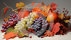 Autumn leaf, grape, pumpkin, nature colors frame a harvest generated by AI