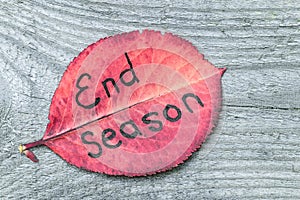 Autumn leaf with the inscription END SEASON, on the old wooden background