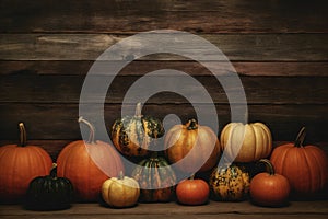 autumn leaf pumpkin wooden orange wood background halloween fall space season copy. Generative AI.