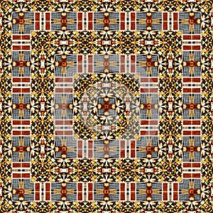 Autumn leaf quilt style vintage seamless pattern. Homely cottage core patchwork boho design for 70s background. Natural