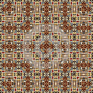 Autumn leaf quilt style vintage seamless pattern. Homely cottage core patchwork boho design for 70s background. Natural