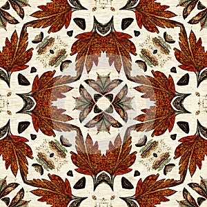 Autumn leaf quilt style vintage seamless pattern. Homely cottage core patchwork boho design for 70s background. Natural