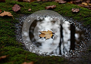 Autumn Leaf Reflection in Puddle