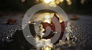 Autumn Leaf Reflection in Sunset Puddle