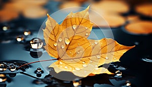 Autumn leaf reflects vibrant colors, nature beauty in liquid generated by AI