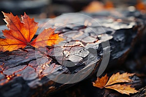 an autumn leaf sits on top of a piece of wood