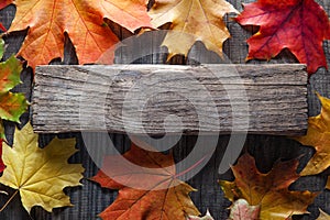 Autumn leaf on wood black background top view orange leaf on old grunge wood deck, copy place for inscription, tablet for text