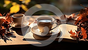 Autumn leaf on wood table, coffee cup, book, nature generated by AI