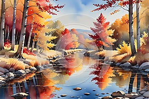 Autumn Leaves Adrift on a Gentle Stream: Reflections of Amber and Crimson Under a Clear Azure Sky