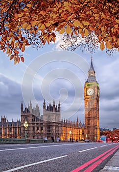 Autumn leaves against Big Ben in London, England, UK