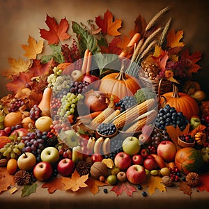 Autumn leaves alongside seasonal fruits, vegetables, and other natural elements ,Generative AI