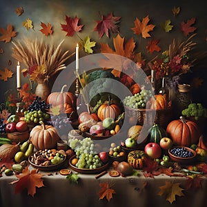 Autumn leaves alongside seasonal fruits, vegetables, and other natural elements ,Generative AI