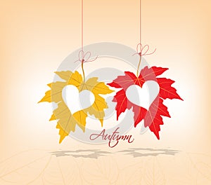 Autumn leaves background couple hearts