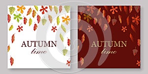 Autumn leaves banners set with white and burgundy fall background vector illustration. Yellow, orange, green, brouchure