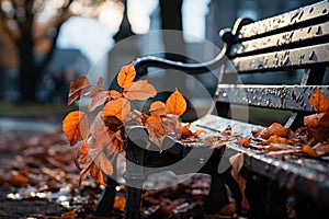 Autumn leaves on a bench in the city park. Selective focus. Generative AI Generative AI