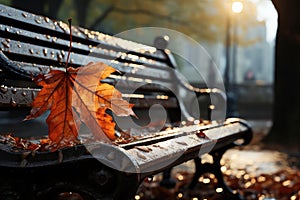 Autumn leaves on a bench in the park. Beautiful autumn background generative AI Generative AI