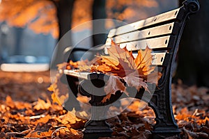 Autumn leaves on a bench in the park. Selective focus. AI generated Generative AI