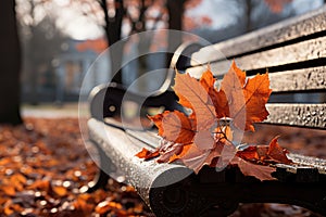 Autumn leaves on a bench in the park. Selective focus. Generative AI Generative AI