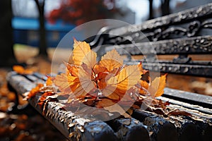 Autumn leaves on a bench in the park. Selective focus. Generative AI Generative AI