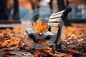 Autumn leaves on a bench in the park. Selective focus. Generative AI Generative AI