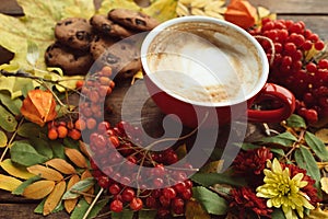Autumn leaves and berries mix hot beverage concept
