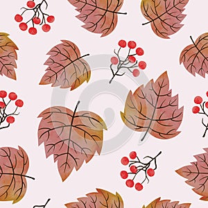 Autumn leaves and berries pattern. Vector fall background