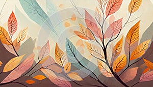 autumn leaves and branches background, abstract soft color softpastel bright colors, fall pattern, Generative AI