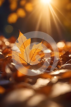 Autumn leaves bright sunrise sun flare lens effect nostalgic lighting cinematic atmosphere generative ai