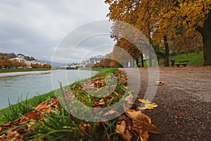 Autumn leaves covered path along the Salzach river with view on the old town of Salzburg, Austria