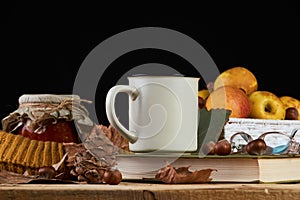 Autumn leaves, cup of coffee, warm scarf, fruits basket