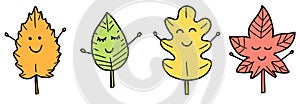 Autumn leaves. Cute cartoon yellow, red, orange autumnal garden leaf, fall leaf and fallen dry leaves. Doodle botanical forest