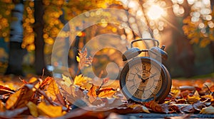 Autumn Leaves and Ending Daylight Savings Time with Clock Alarm Fall Back