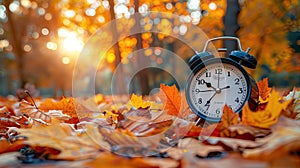 Autumn Leaves and Ending Daylight Savings Time with Clock Alarm Fall Back