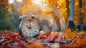 Autumn Leaves and Ending Daylight Savings Time with Clock Alarm Fall Back