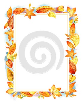 Autumn Leaves Fall Frame Template Watercolor Illustration Isolated Orange Leaf Border. Watercolor stains. Template for